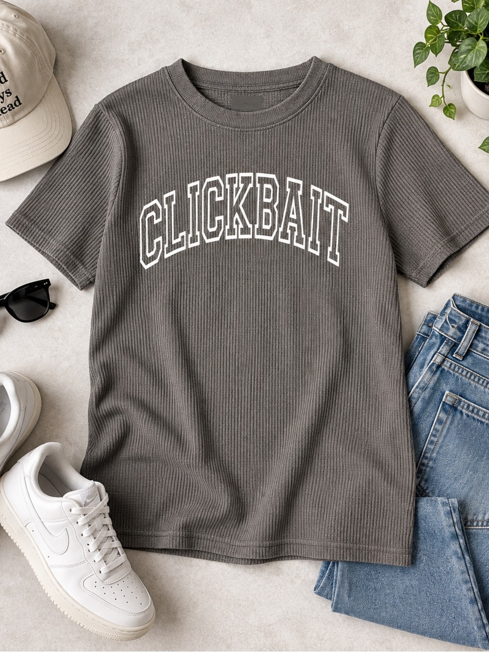 Clickbait Charcoal Gray Waffle Knit Graphic T-Shirt Collegiate Short Sleeve Top